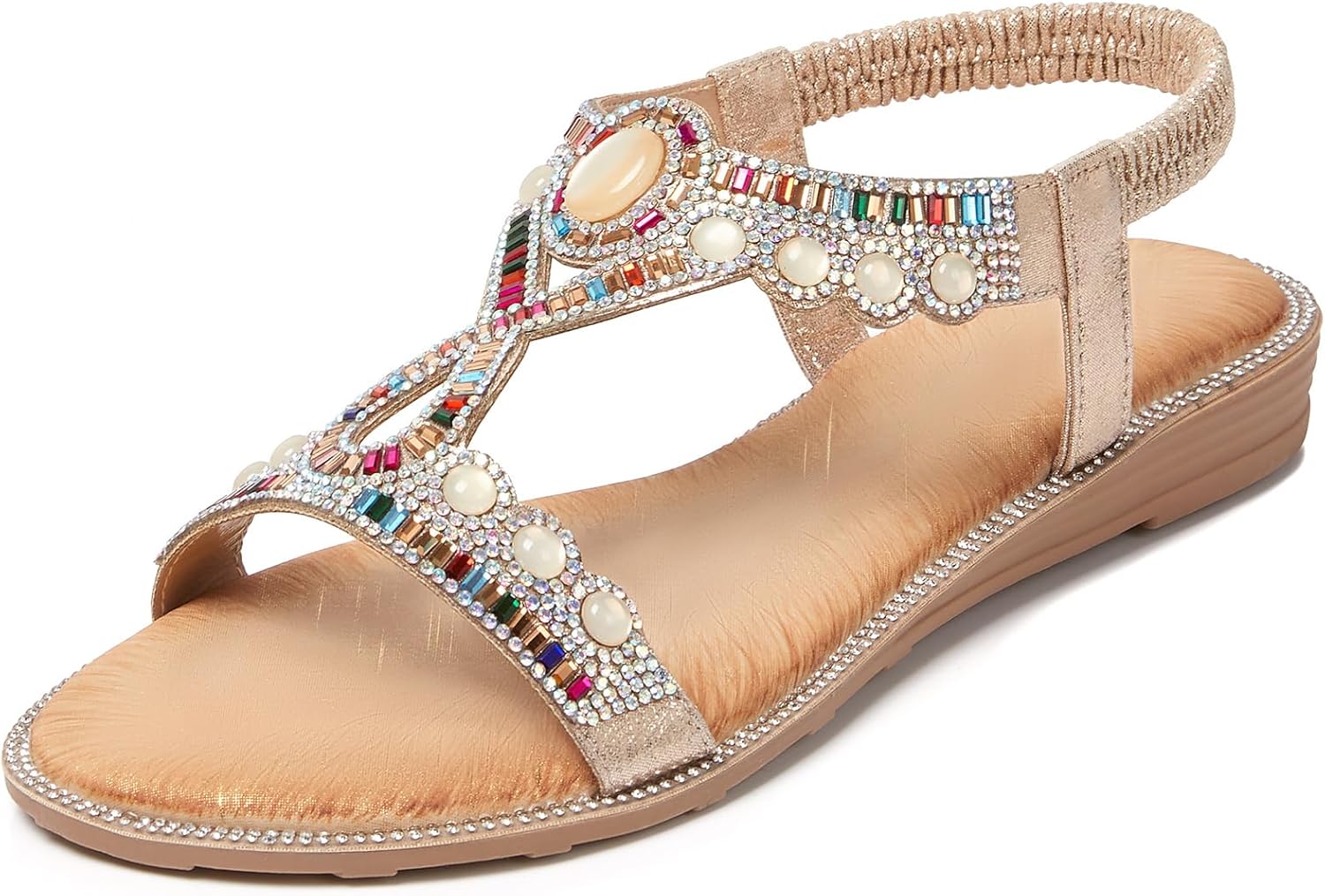 iCKER Women Rhinestone Sandals T-Strap Buckle Bohemian Style