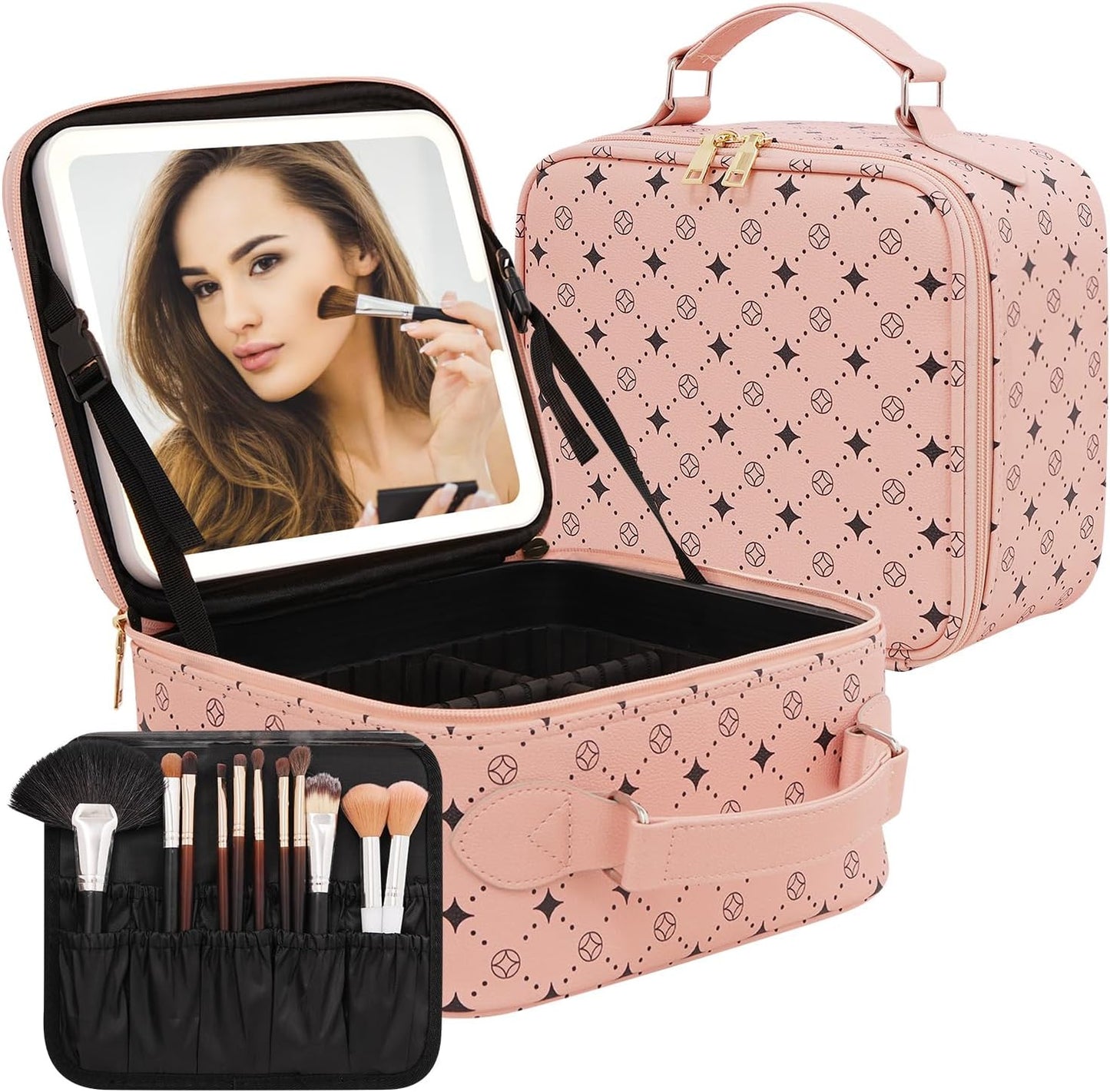 Travel Makeup Bag with 360 Rotating LED Mirror for Women