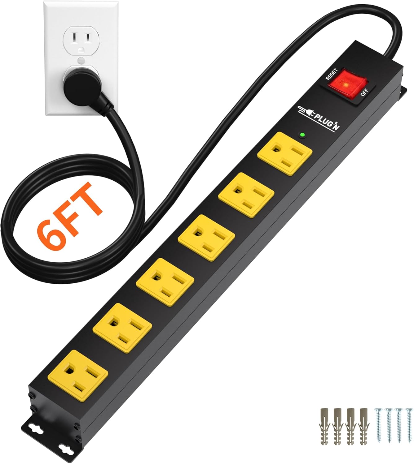 Plug'n Protect: Heavy Duty Surge Protector, 6 Outlets, 6FT Cord, Wall Mountable