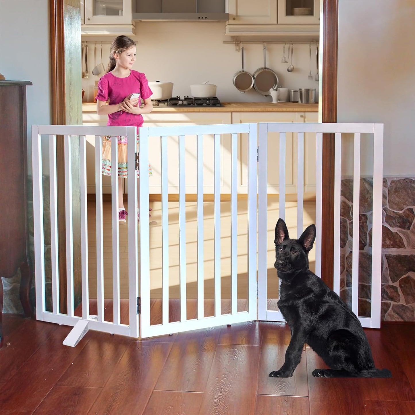 Freestanding Dog Gate Indoor, Foldable Wooden Pet Fence 32 in