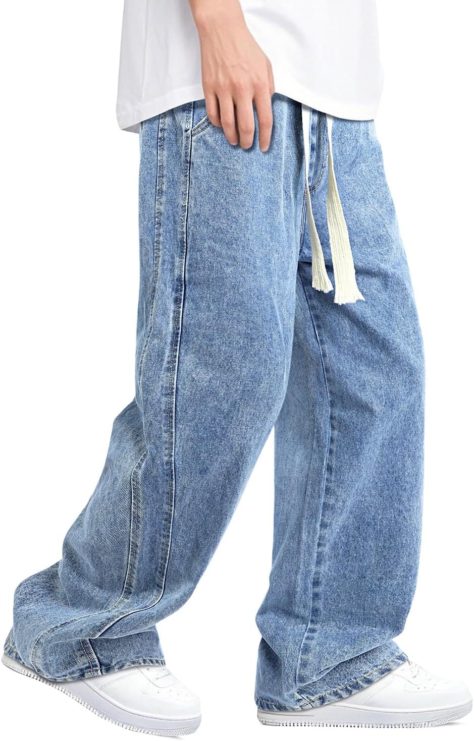 Mens Baggy Jeans with Elastic Waist and Drawstring for Comfort