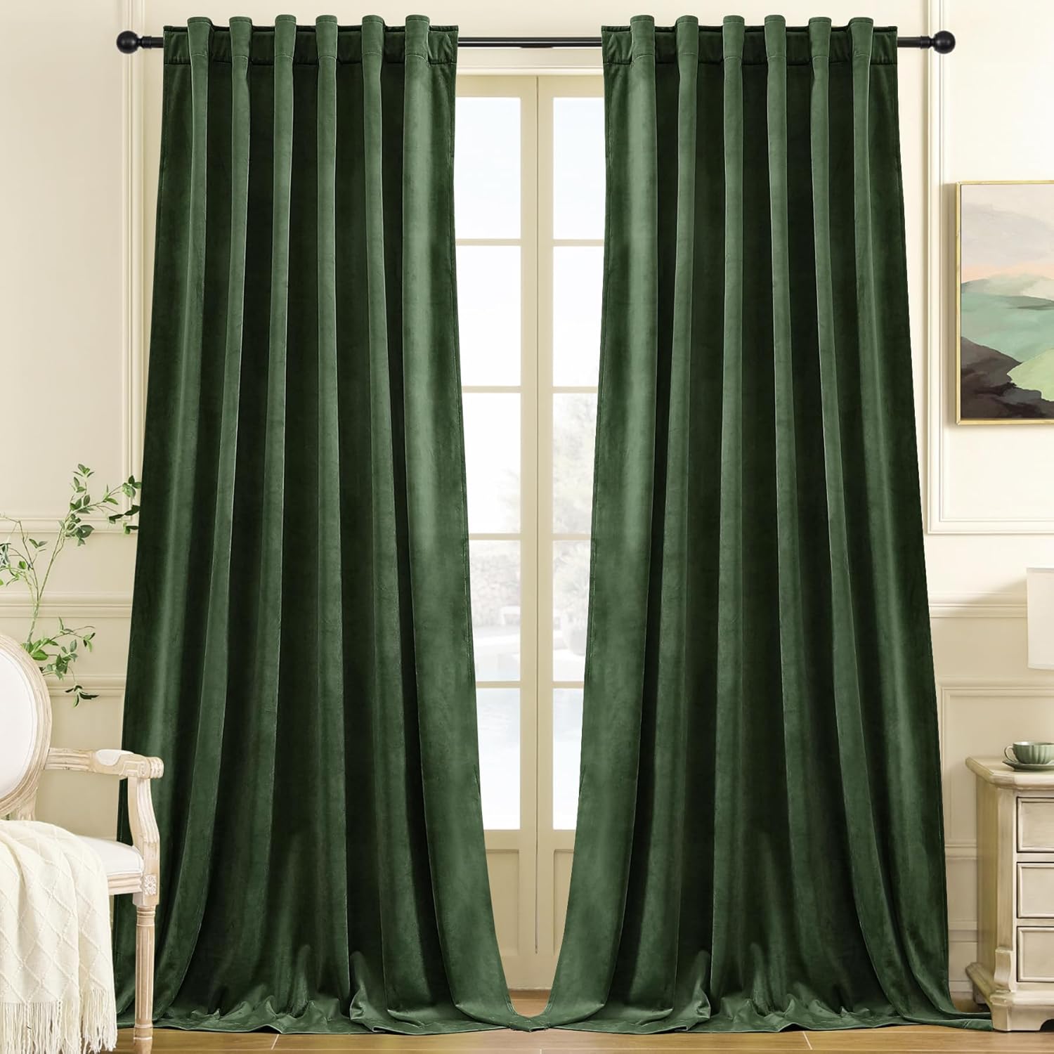 Nemia Olive Green Velvet Blackout Curtains - Luxe, Insulated, 84 - Set of 2