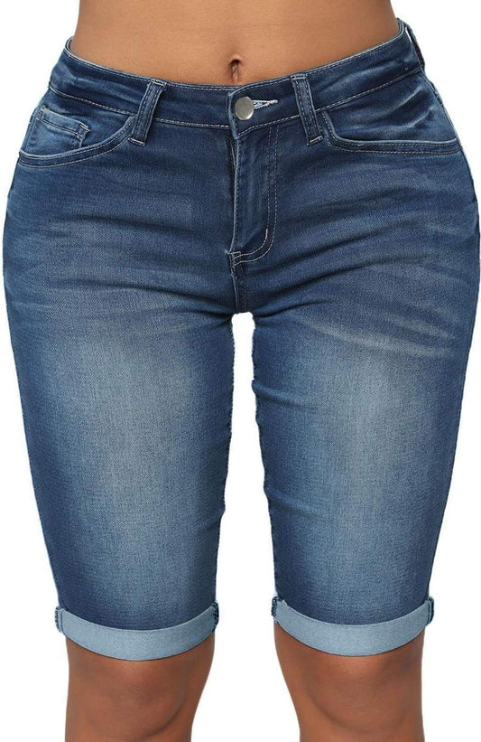 Roswear Womens Mid Rise Roll Cuff Bermuda Stretch Denim Shorts