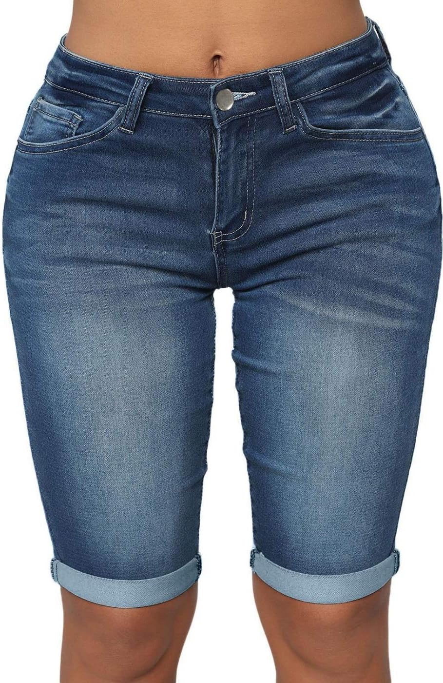 Roswear Womens Mid Rise Roll Cuff Bermuda Stretch Denim Shorts