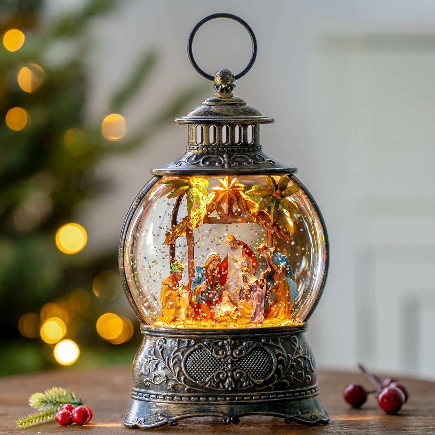Christmas Snow Globes Lantern with Music for Festive Decor