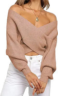 Women Cross Wrap V Neck Long Sleeve Sweater - Versatile Off-Shoulder