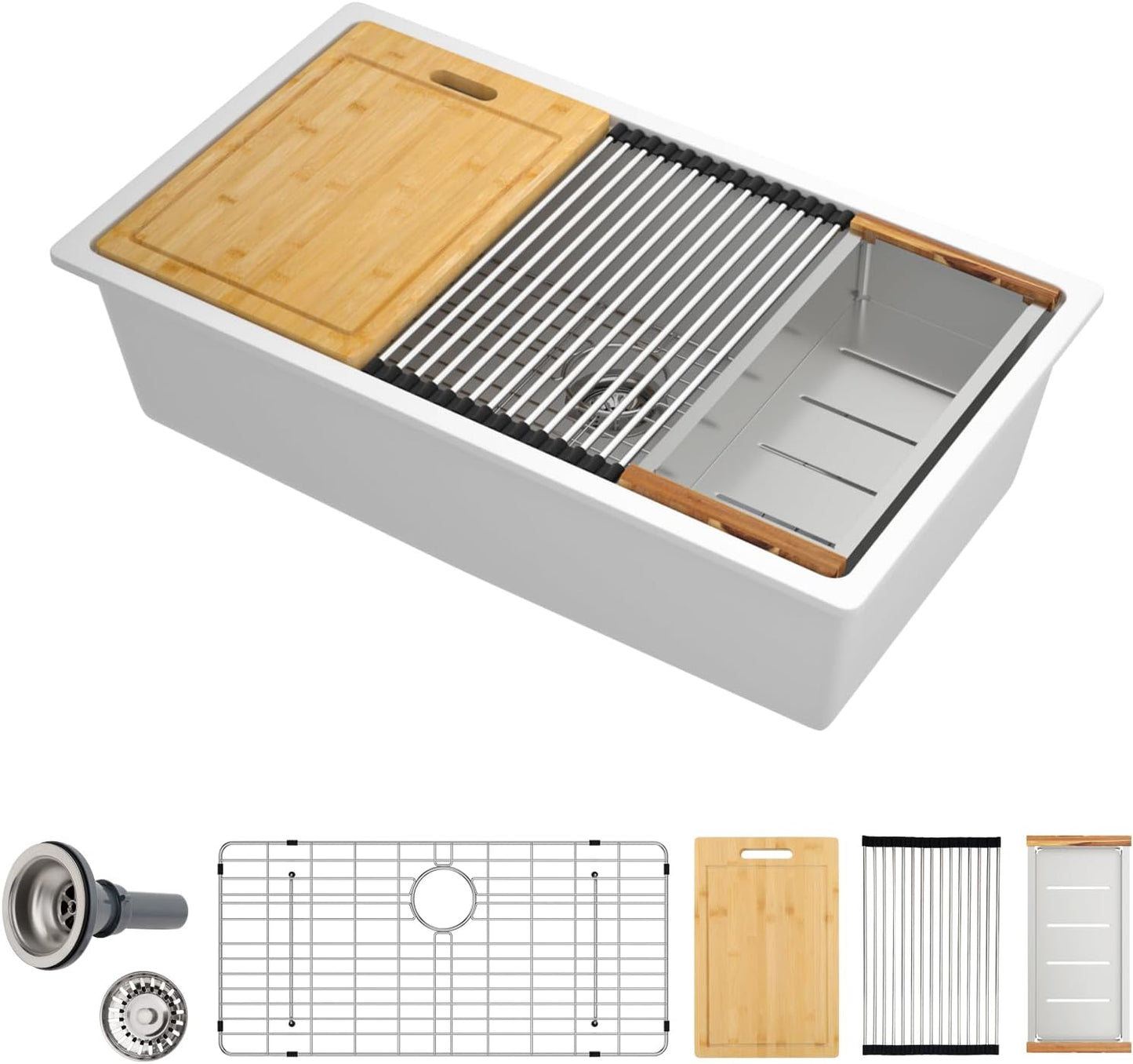Sarlai 32 inch White Granite Composite Kitchen Sink Workstation