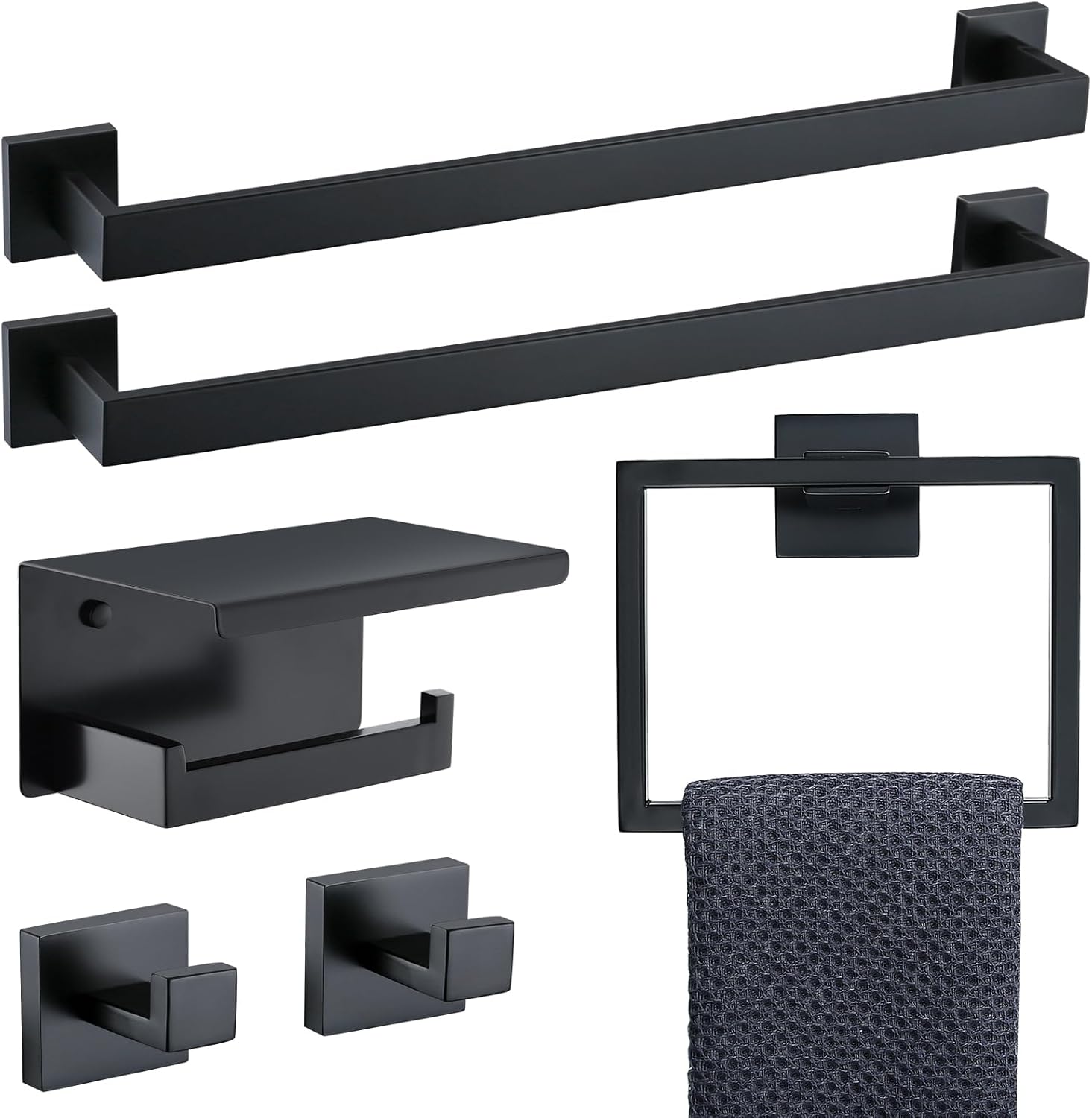TNOMS 6-Piece Black Bathroom Hardware Set for Modern Spaces