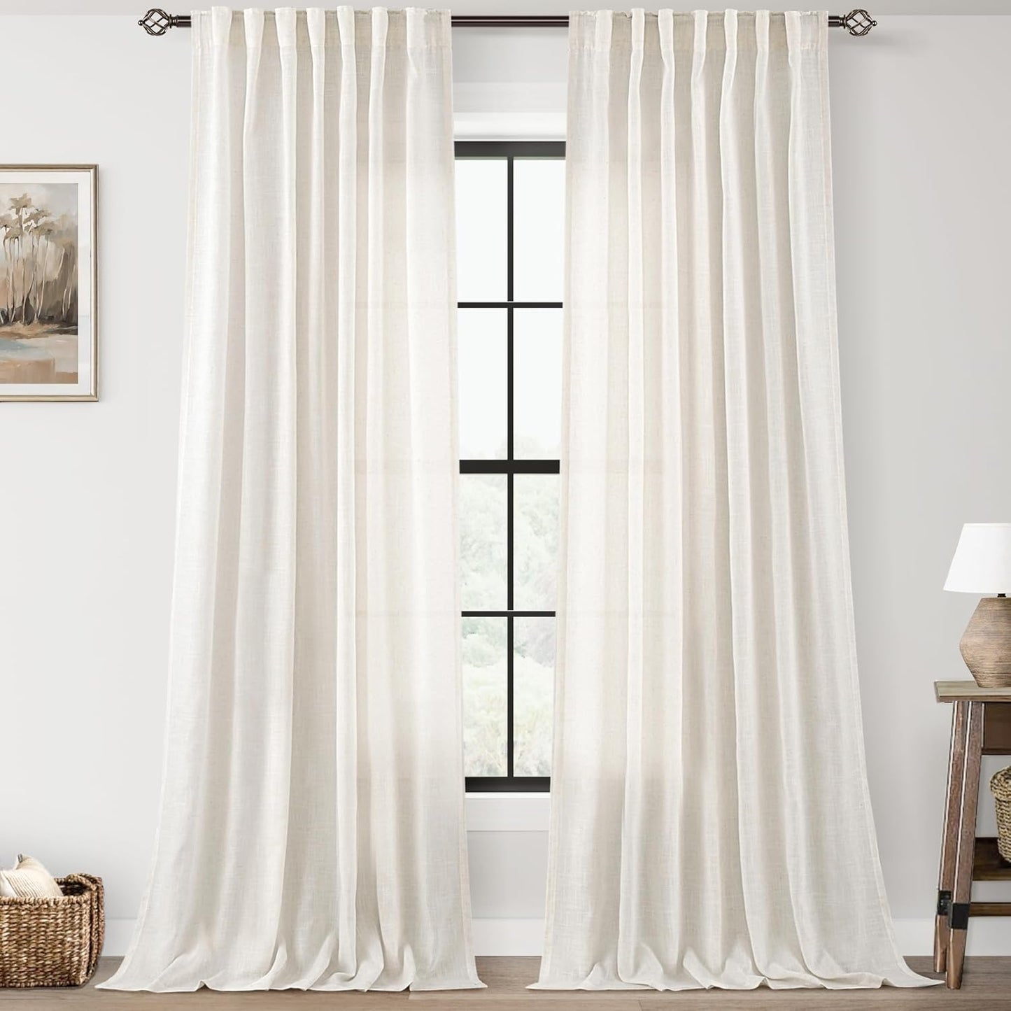 Elegant 2 Panels Set Cream Linen Curtains for Living Room