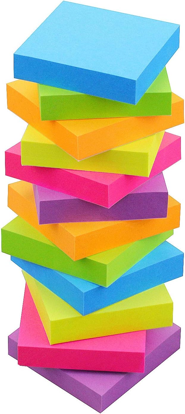Vibrant 2x2 Sticky Notes - 6 Colors, 12 Pads, 100 Sheets - SIMONA