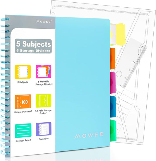 5-Subject Spiral Notebook w/ Dividers & Pockets - Ideal For Writing, Home, School - A4