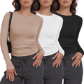 3 Pack Women's Long Sleeve Crew Neck Stretchy Fitted Y2K Tops