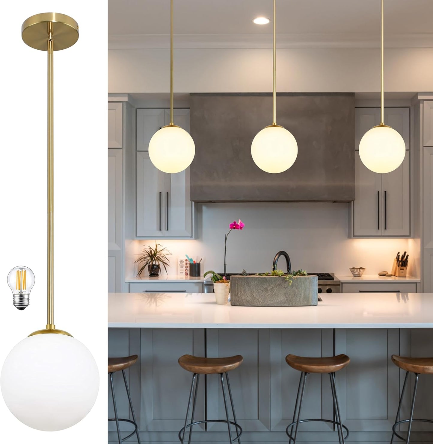 6 Inch Globe Pendant Light for Kitchen Island with Adjustable Rod