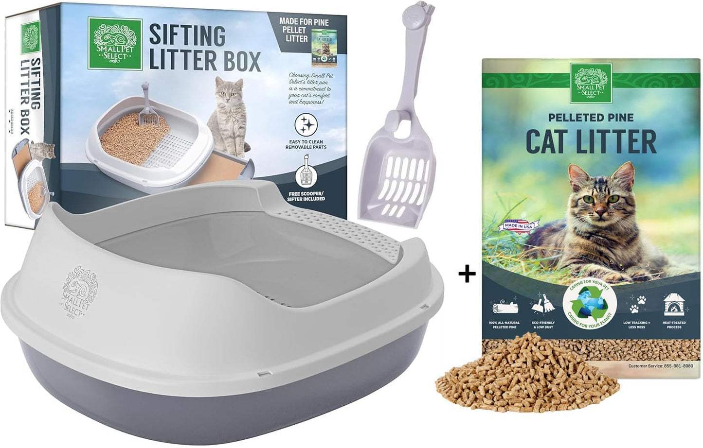 Sifting Cat Litter Box Combo with Pine Pellets and Accessories