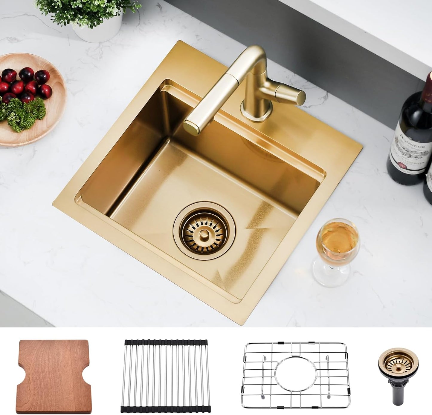 15x15 Inch Gold Drop In Bar Sink Workstation for Small Spaces