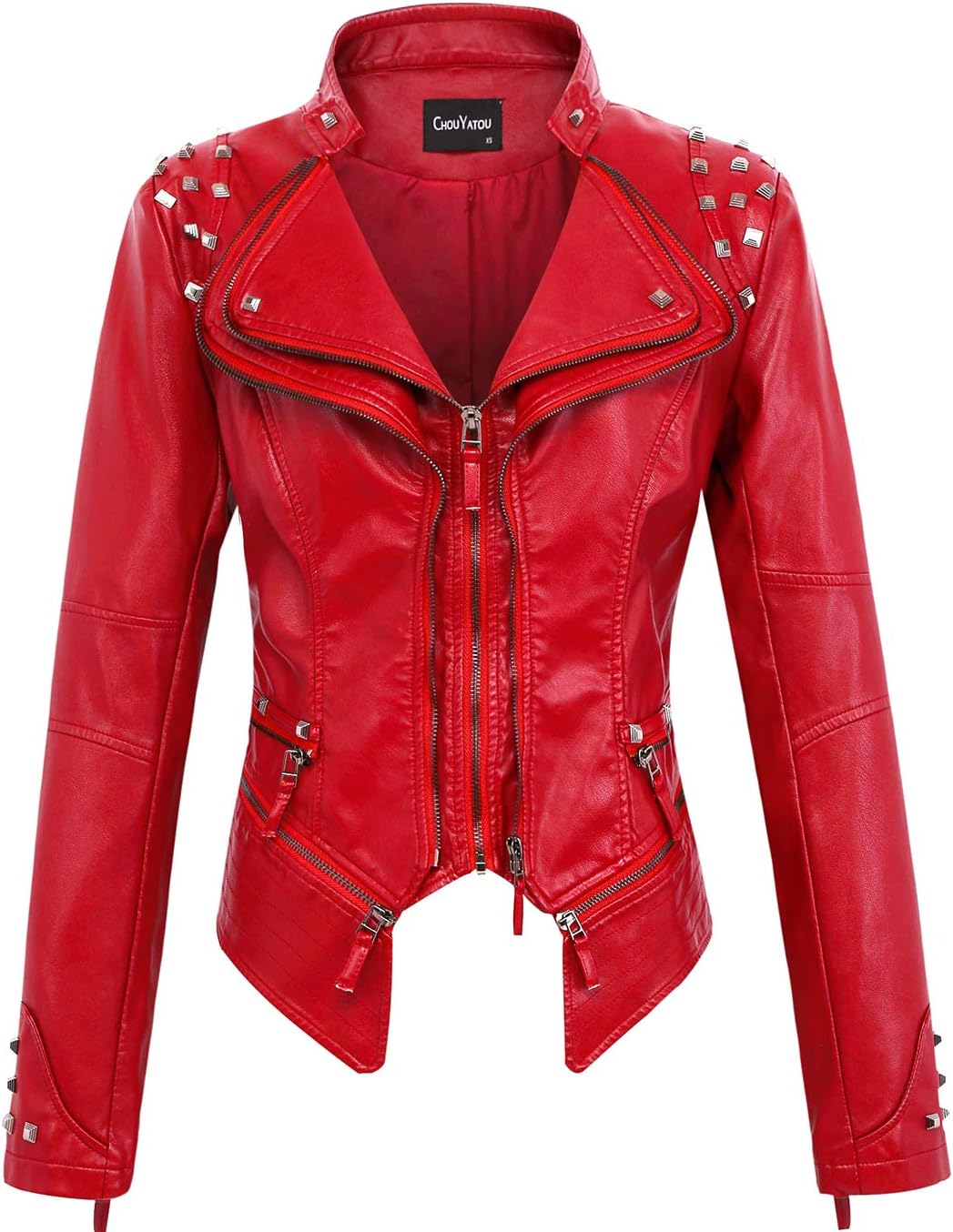 Chouyatou Women's Fashion Studded Faux Leather Biker Jacket