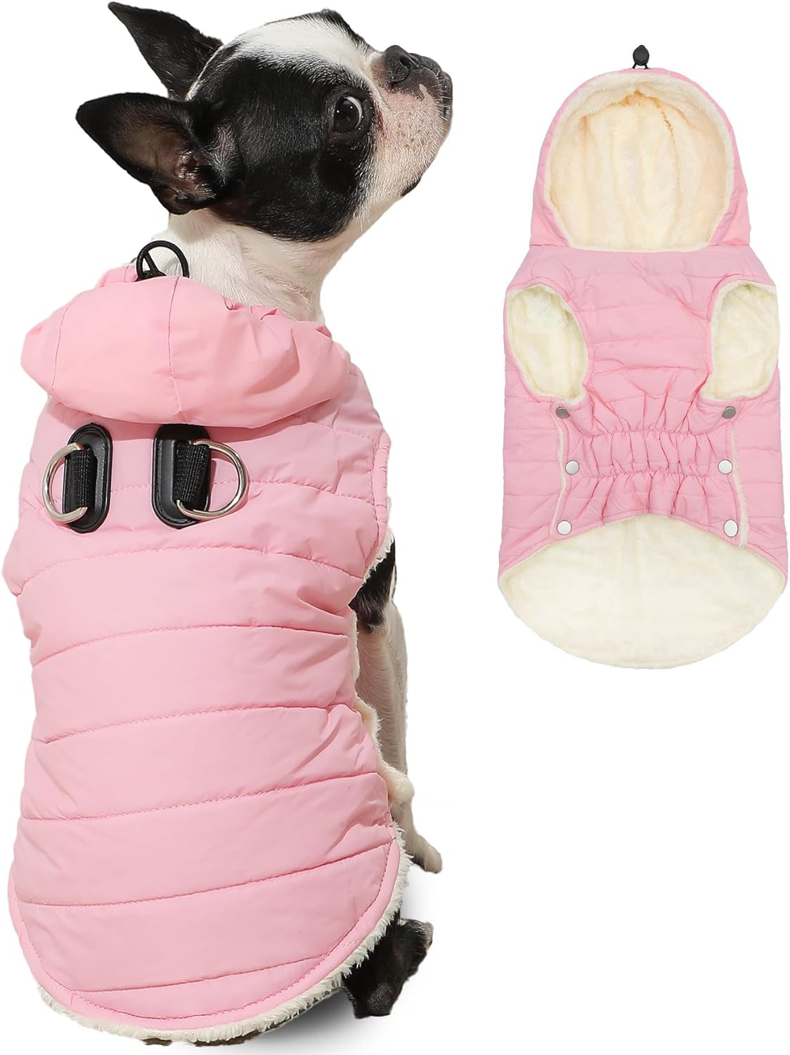 Fleece Lining Dog Hoodie with Built-in Harness for Winter Warmth