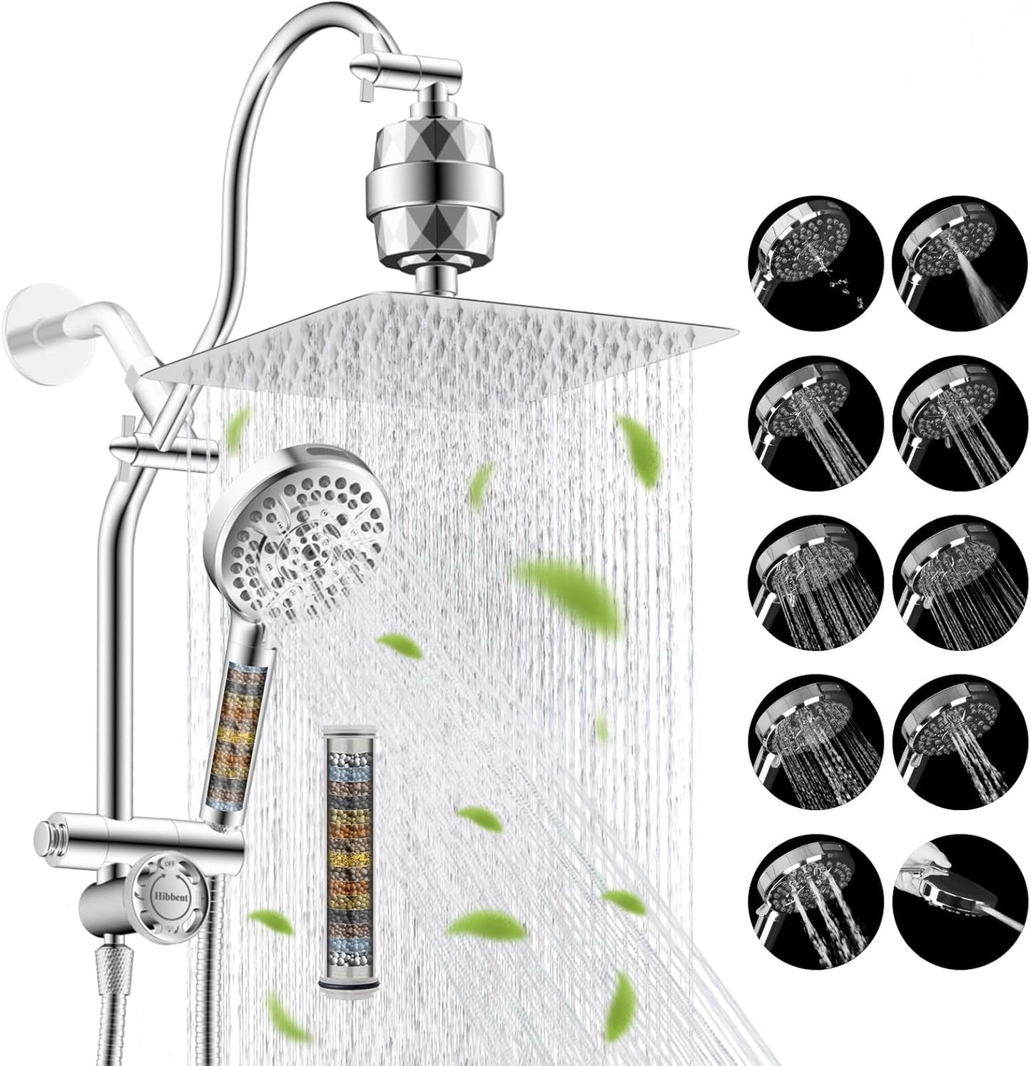 Hibbent Dual Filter All Metal 10in Rainfall Showerhead Combo