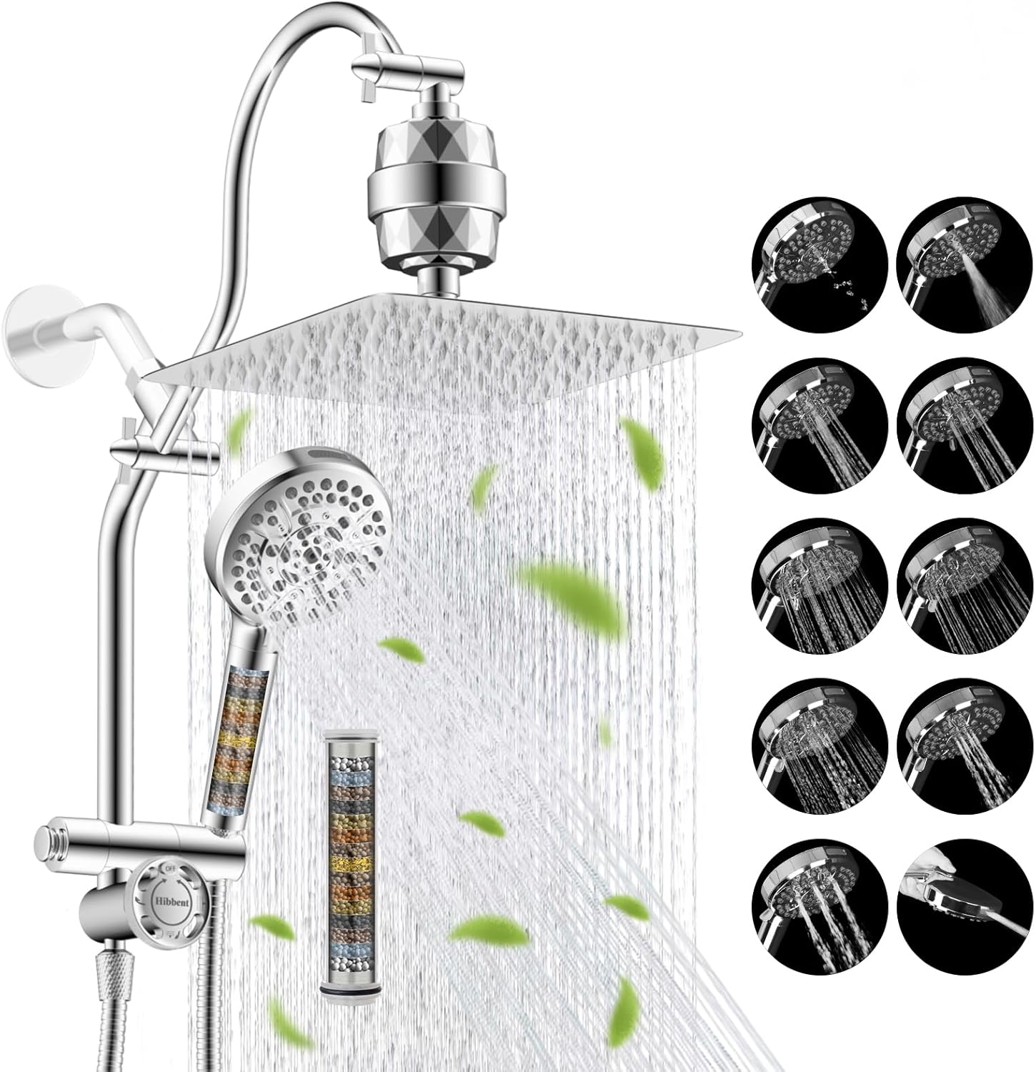 Hibbent Dual Filter All Metal 10in Rainfall Showerhead Combo