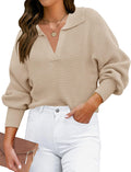 Women's Fall Lapel Collar V Neck Ribbed Knit Pullover - Comfy Fit