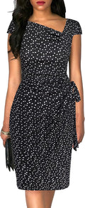 Women's Vintage Cap-Sleeve Asymmetrical Neckline Midi Wrap Dress