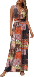 Women's Sleeveless Deep V Neck Maxi Dress with Pockets - Rayon Blend