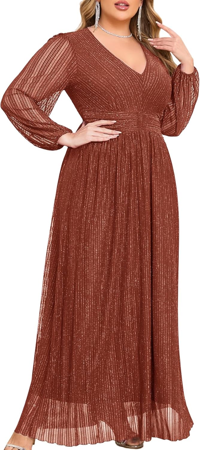Plus Size Maxi Formal Dress with Sparkly V-Neck and Ruffle Sleeves