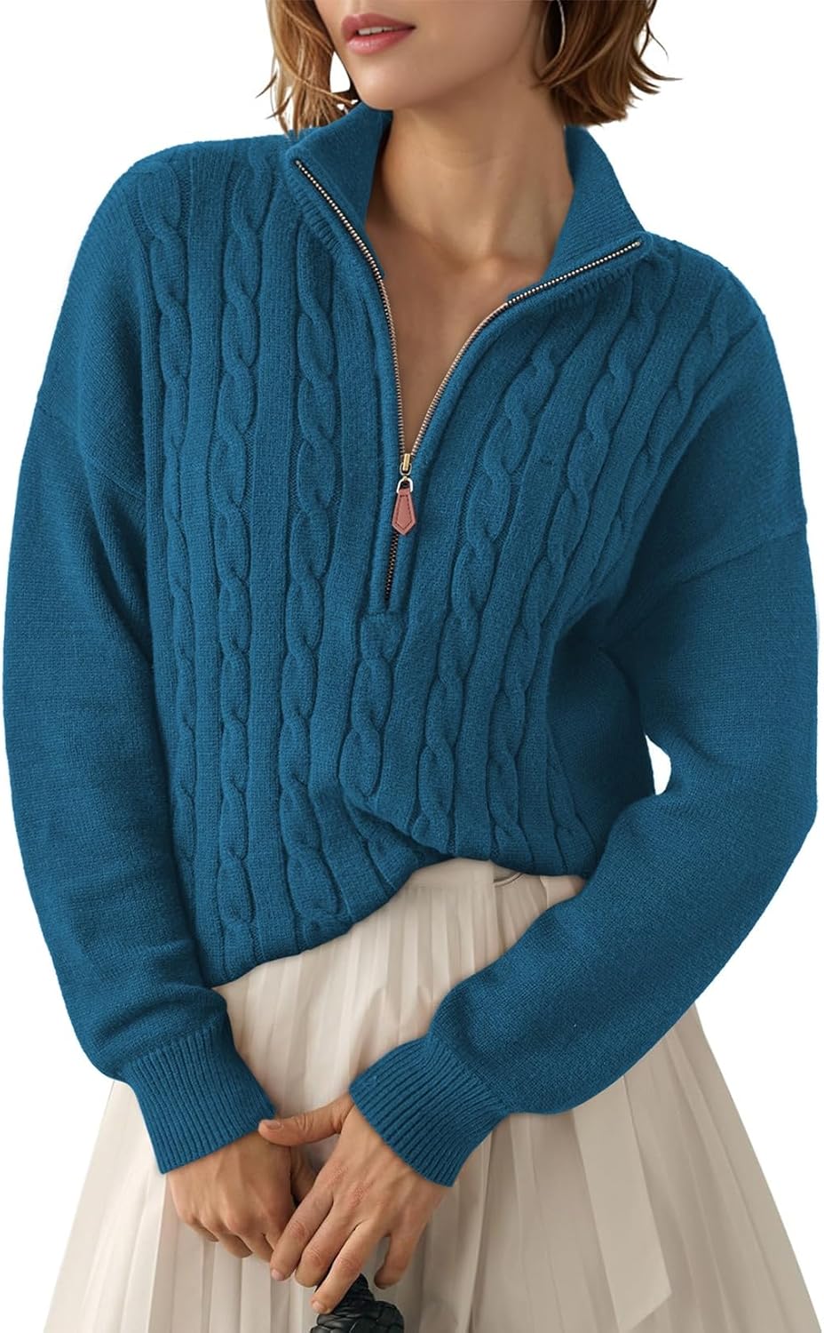 Dokotoo Women's Quarter Zip Casual Ribbed Cable Knit Pullover