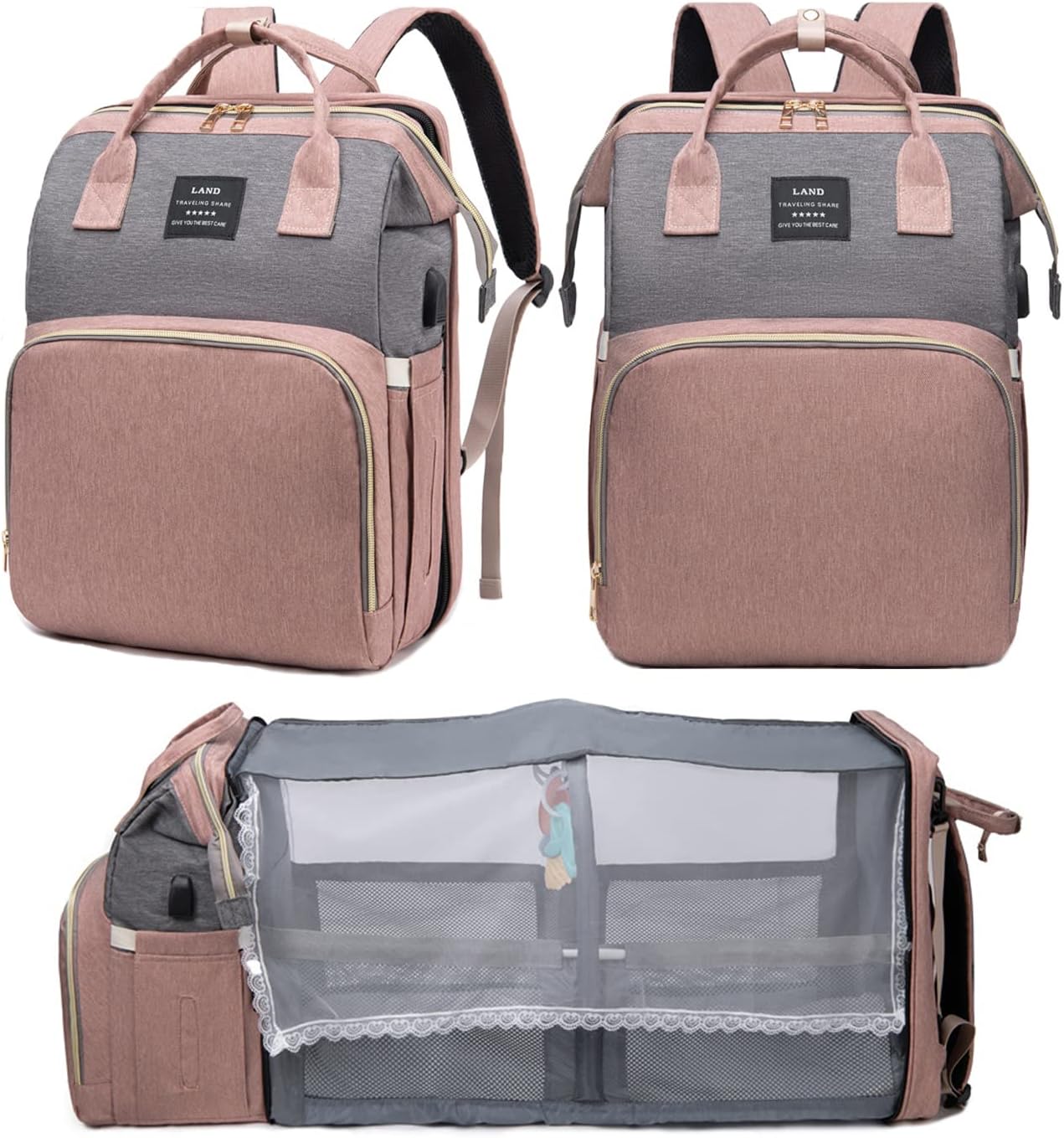 Diaper Bag with Changing Station and USB Charging Port for Parents