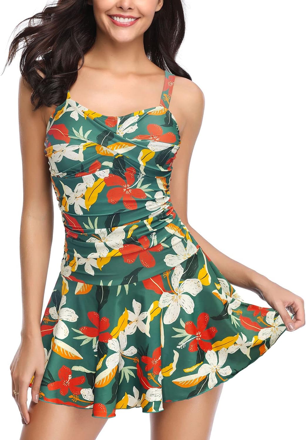 SHEKINI Women's Crossover Ruched Skirt One Piece Swimdress