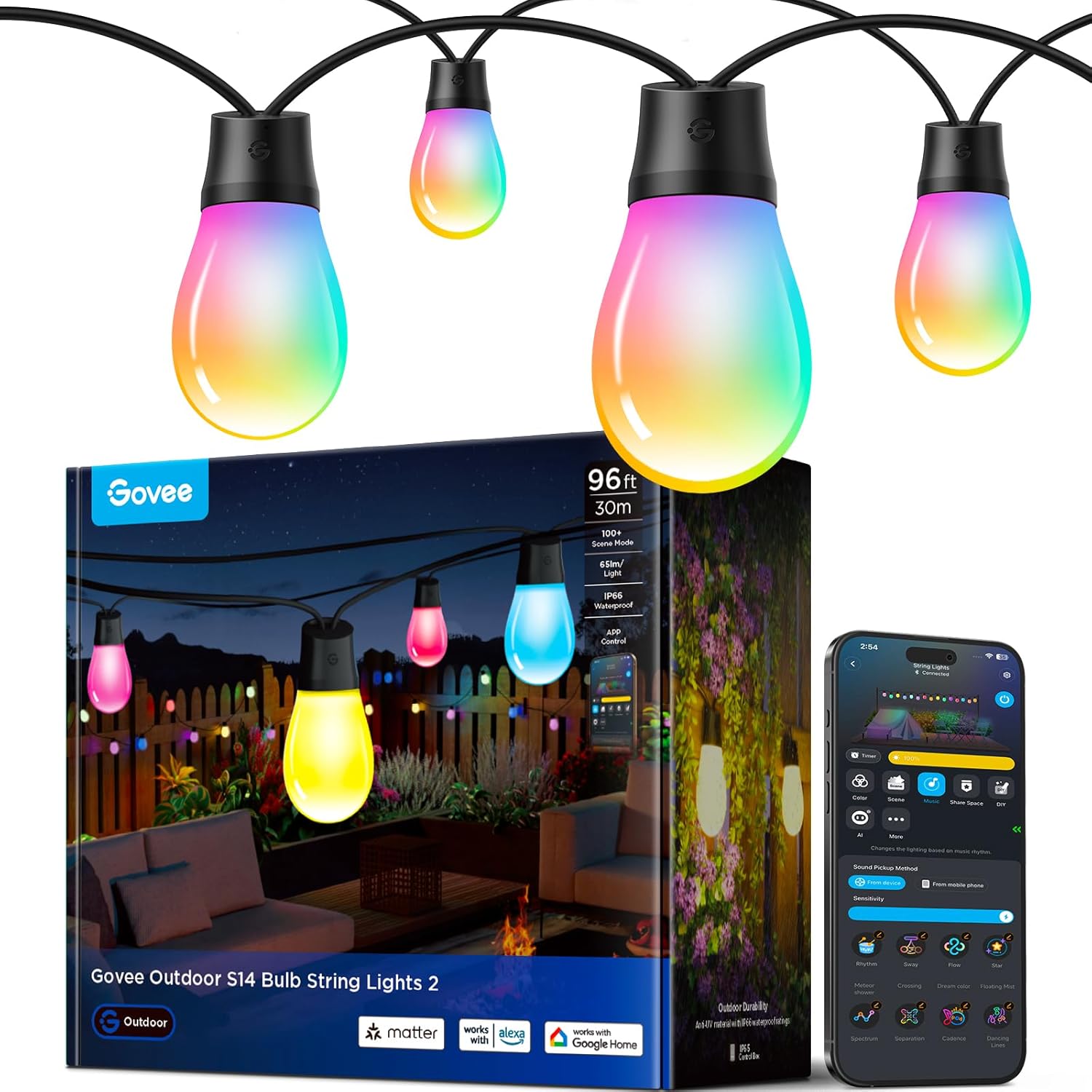 Govee S14 Outdoor String Lights: Smart RGBIC Warm White Decor