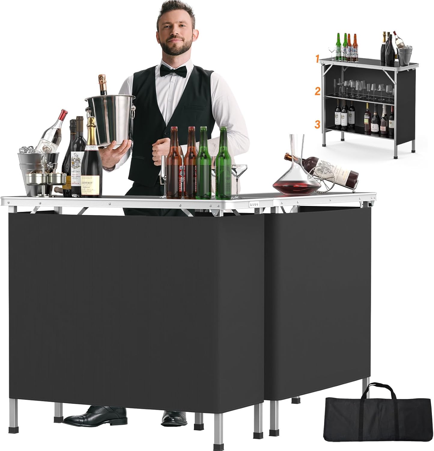 VINGLI 39 Portable Bar Table with 3-Tier Shelves for Events