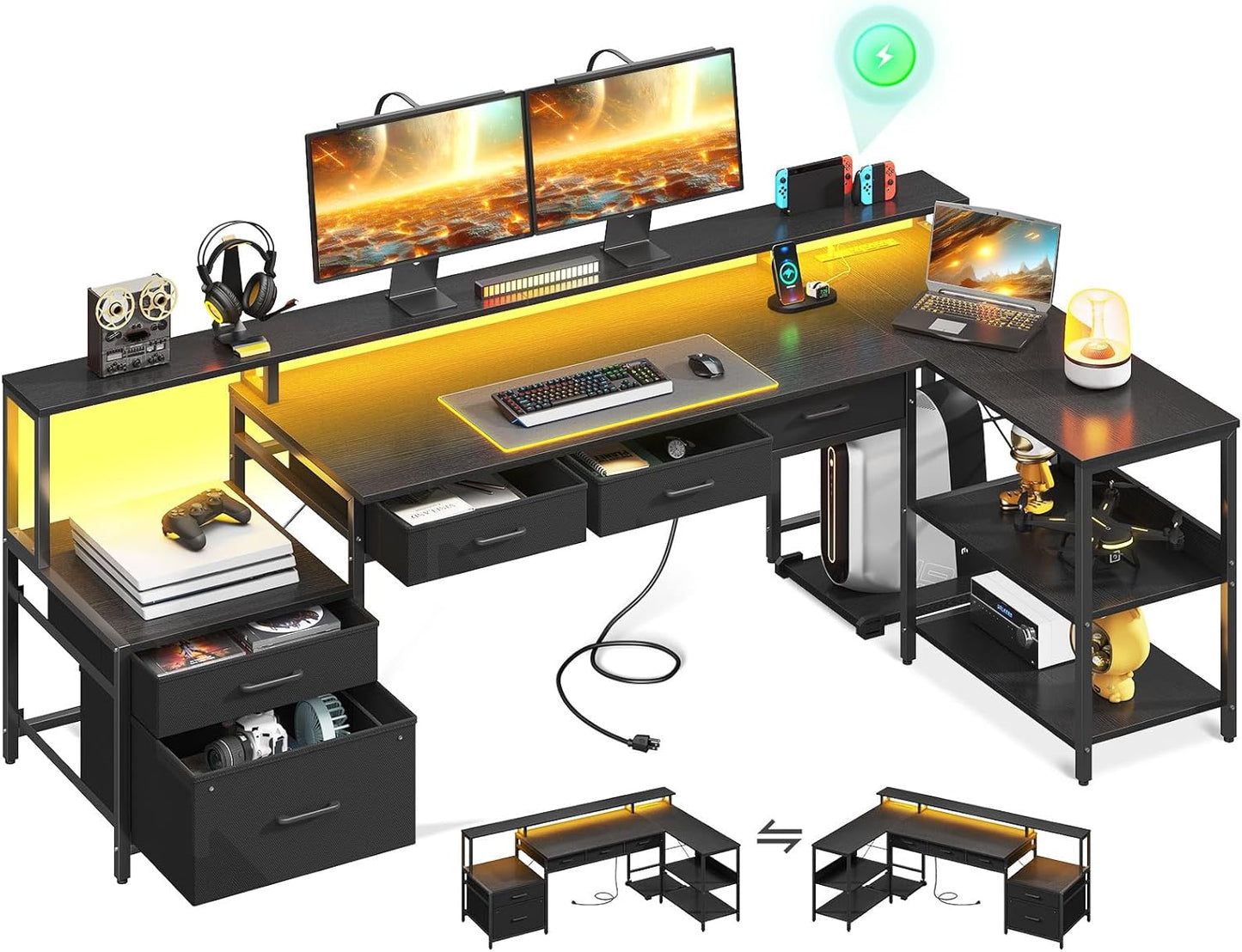 Space-Saving L Desk with File Drawers & Power Outlet