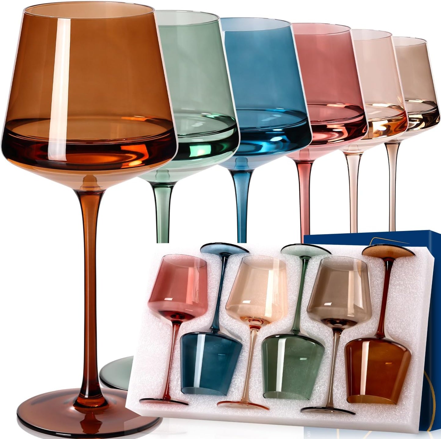 Colored Wine Glasses Set of 6 - Elegant Hand Blown Crystal