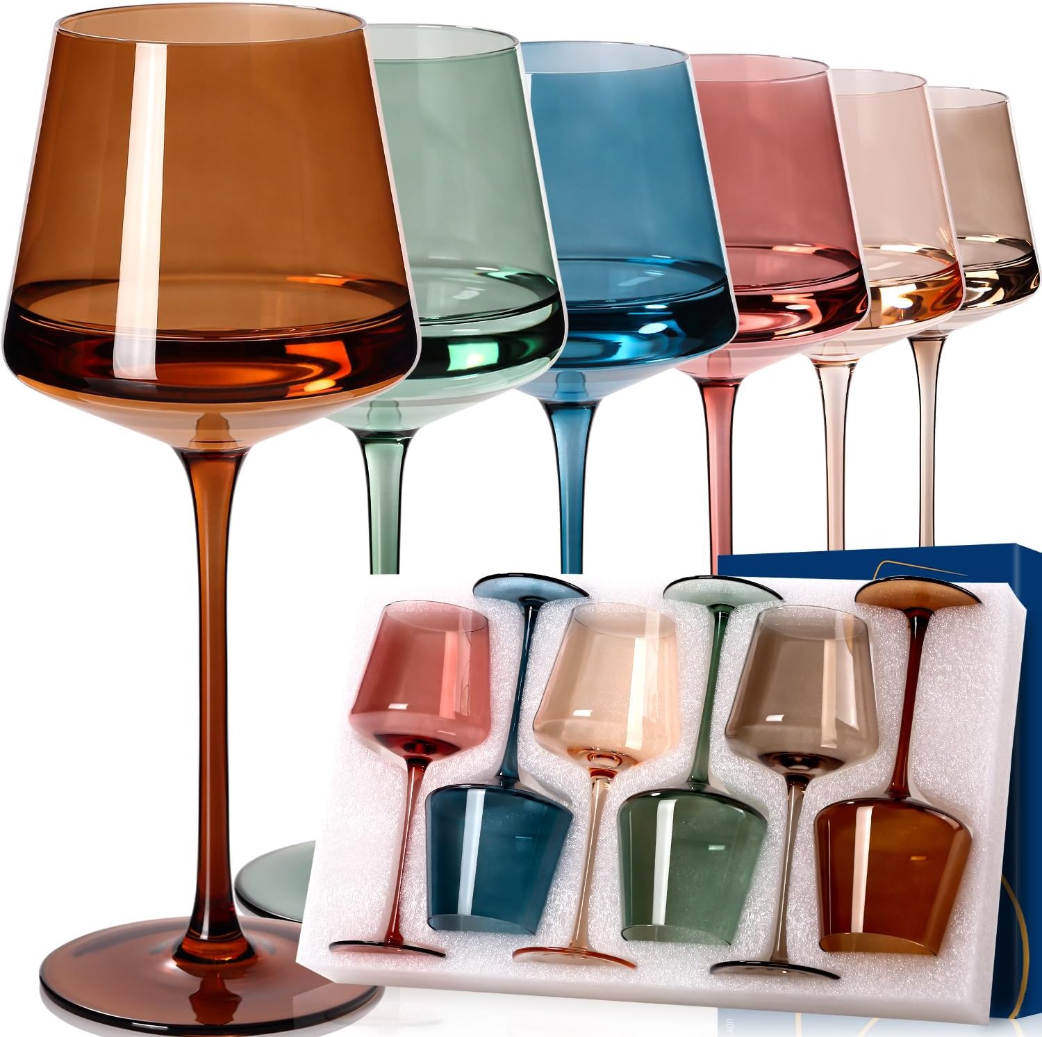 Colored Wine Glasses Set of 6 - Elegant Hand Blown Crystal