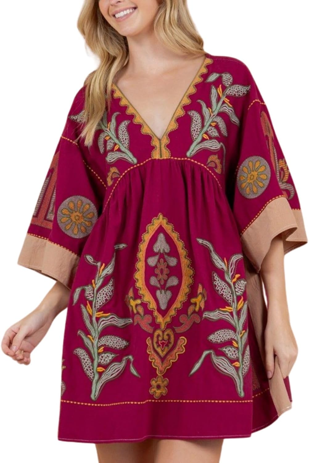 Womens Oversized Embroidered Dress with V-Neck and 3/4 Sleeves