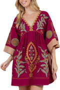Womens Oversized Embroidered Dress with V-Neck and 3/4 (Style QTC7)