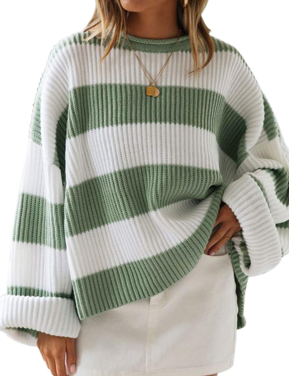 ZESICA Women's Oversized Striped Color Block Sweater for Fall