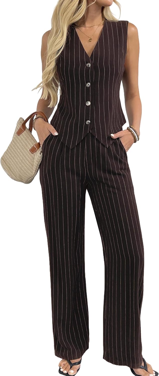 Stylish Women's 2 Piece Outfits Linen Vest and Wide Leg Pants