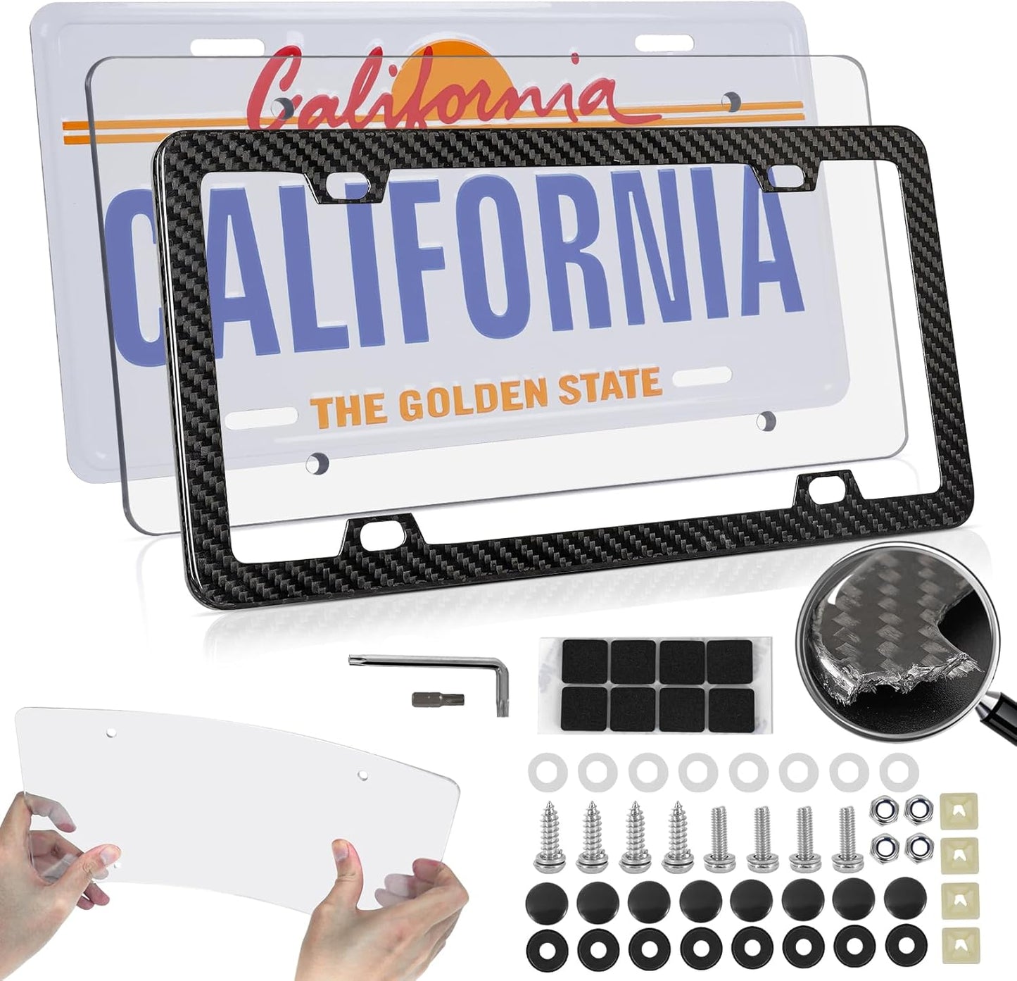 Real Carbon Fiber License Plate Frame with Clear Cover Protector
