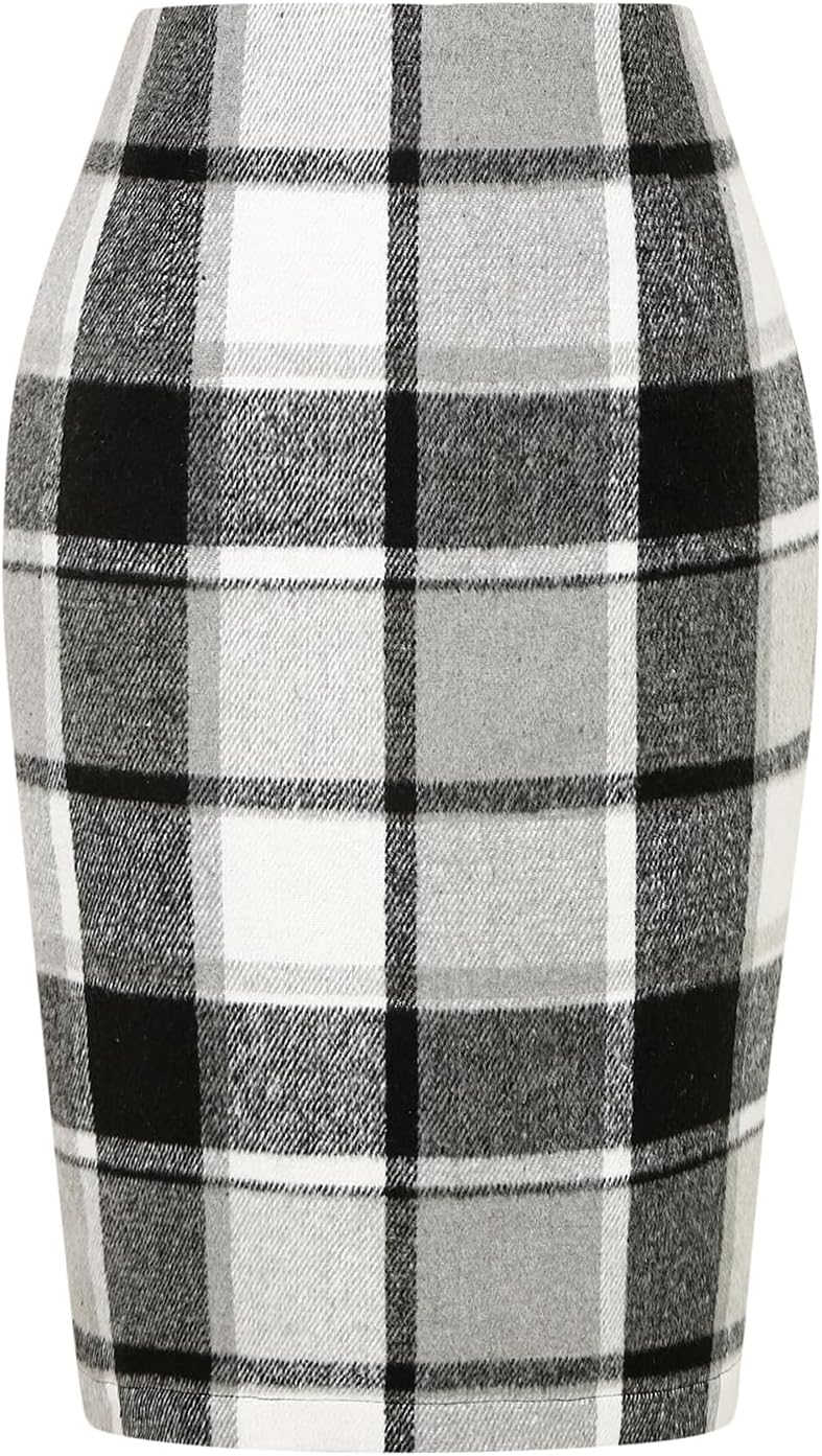 Plaid Skirts for Women Fall Winter Knee Length Pencil Wool Skirt