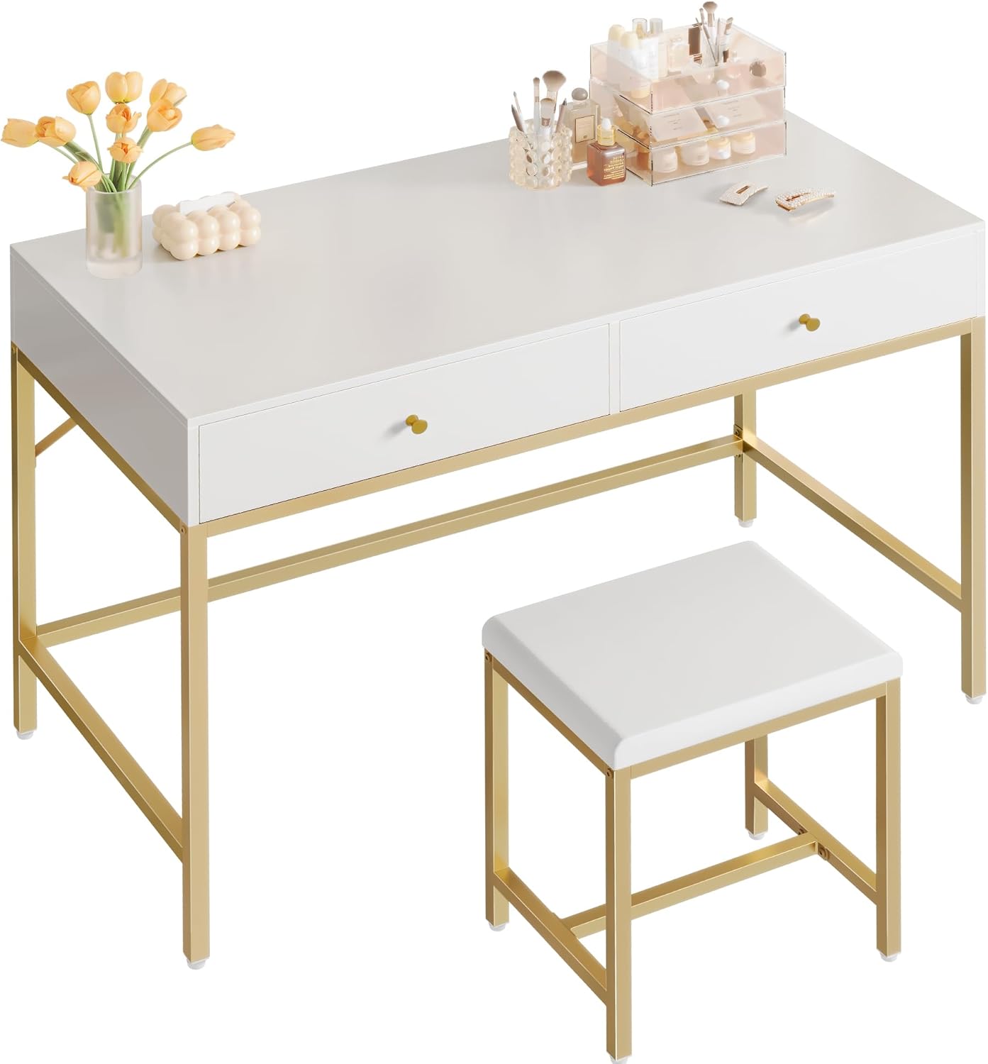 Modern White Desk with Storage & Stool