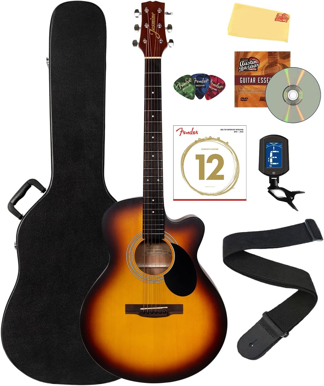 Jasmine S34C Orchestra Acoustic Guitar Bundle with Case and More