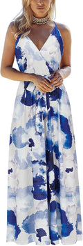 OUGES Womens Deep V Neck Floral Adjustable Spaghetti Strap Beach Maxi