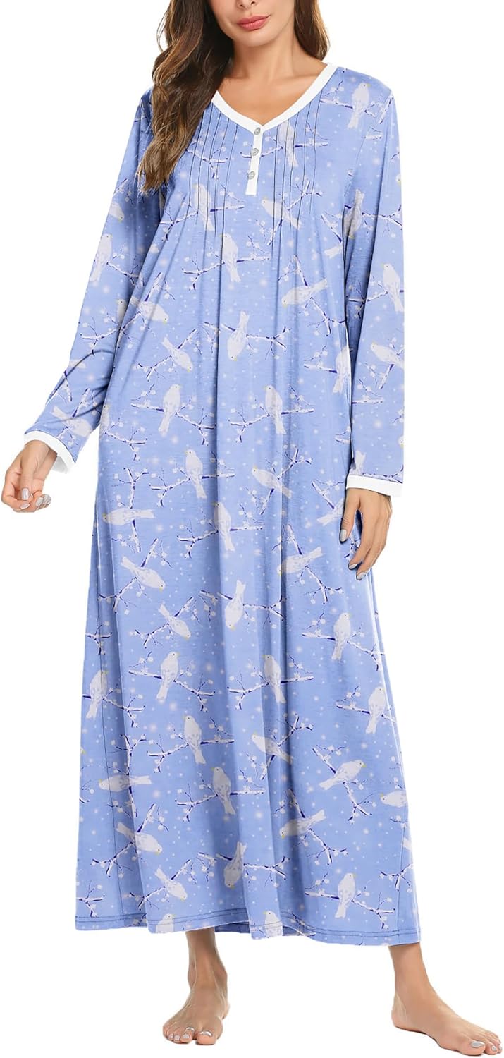 Ekouaer Women's Long Sleeve Nightgown Full Length Sleepwear