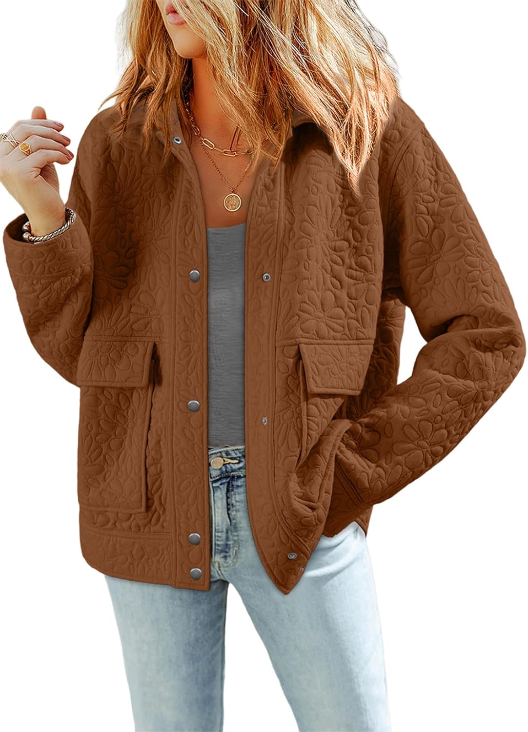 Dokotoo Casual Long Sleeve Collared Jacquard Coats for Women