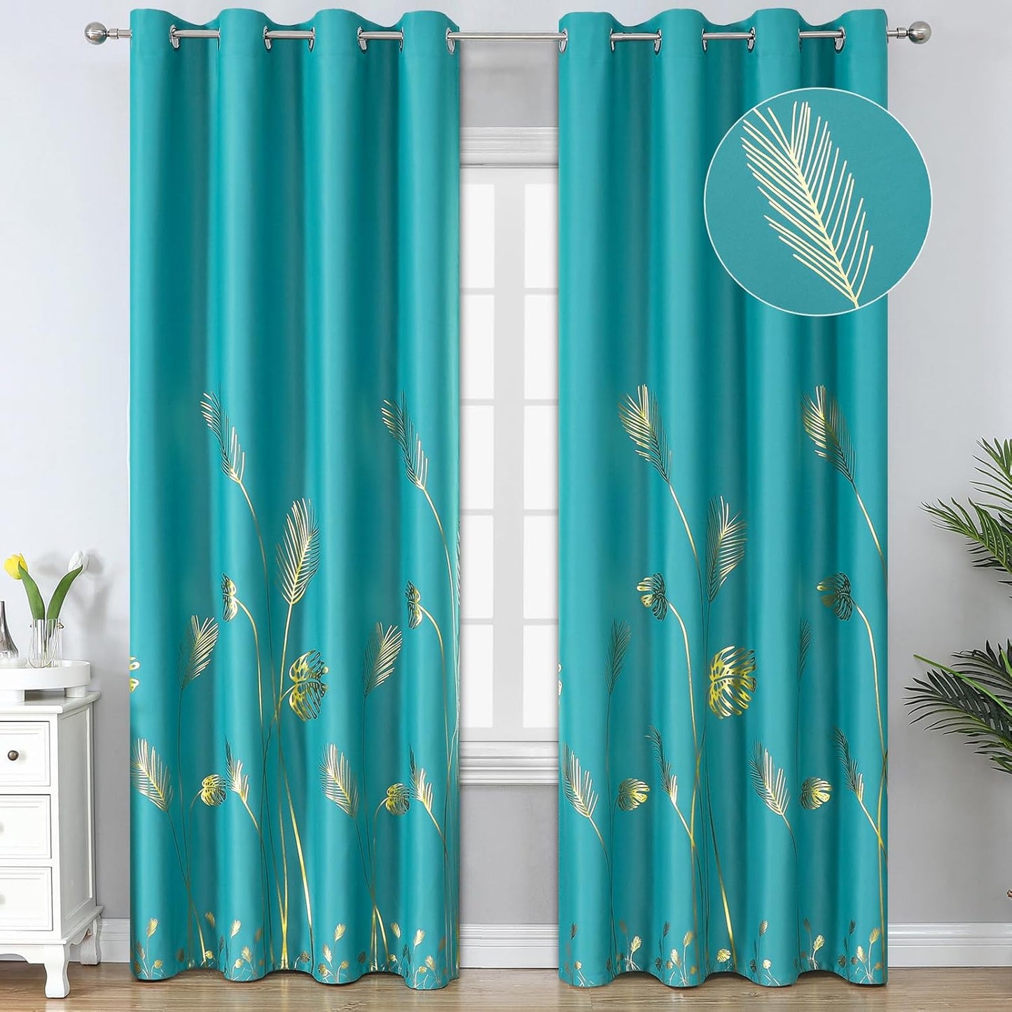 Estelar Textiler Teal Blackout Curtains with Gold Palm Tree Design