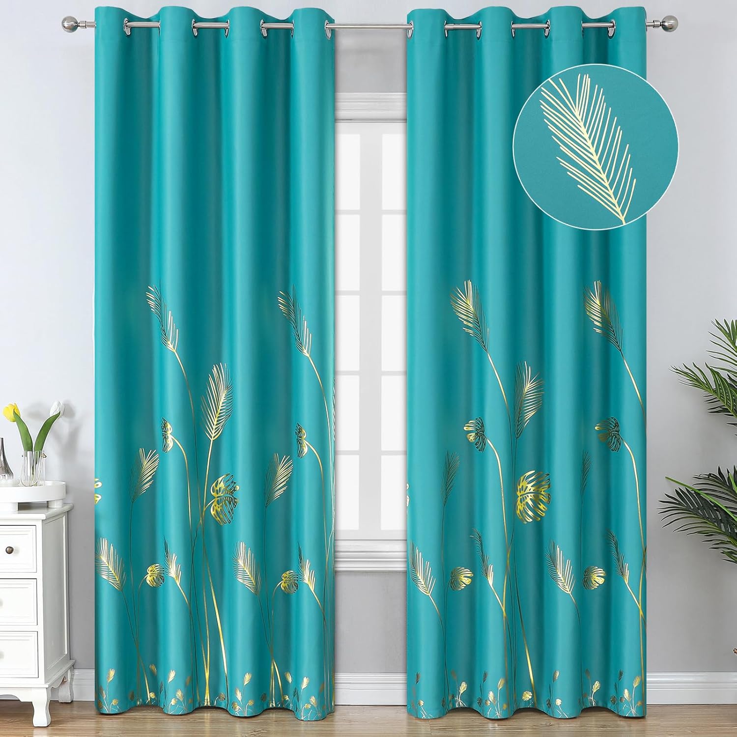 Estelar Textiler Teal Blackout Curtains with Gold Palm Tree Design