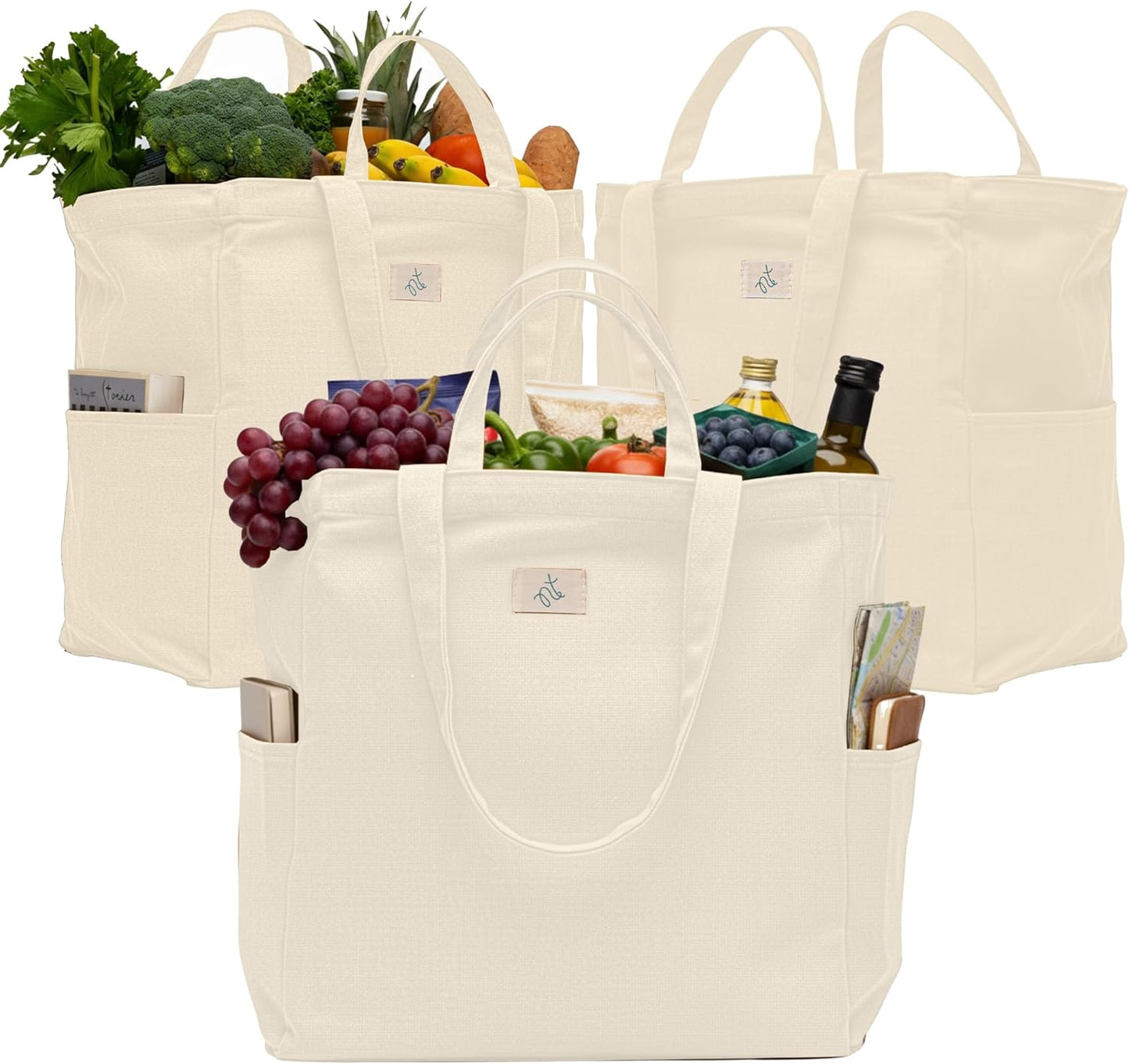 Nook Theory Heavy Duty Reusable Canvas Grocery Bags - 3 Pack