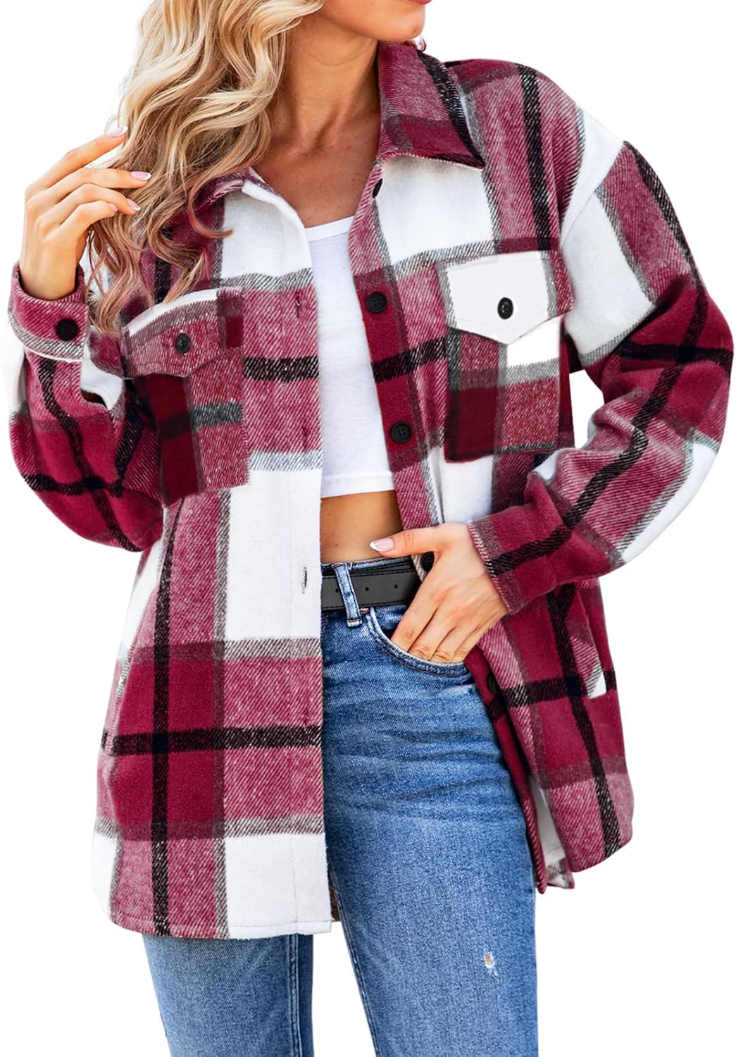 Women's Casual Shacket Jacket Plaid Shirts Flannel Blouses